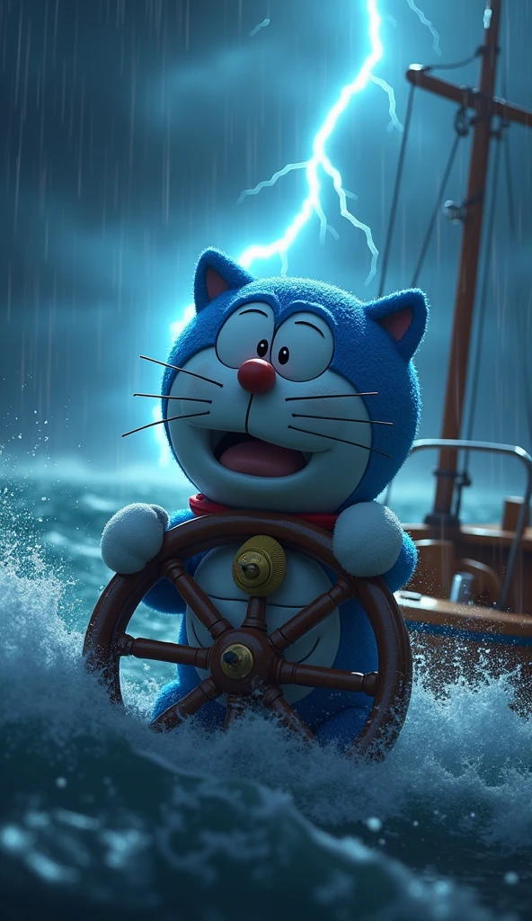 Image of Captain Doraemon with a scared face driving a ship on the sea, the weather started to rain heavily, lightning, dark clouds, Raging waves , rain wet
3d 4k image sharp