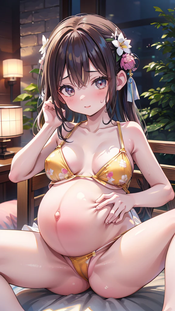 A Japanese girl, pregnant, belly that has grown due to pregnancy, wearing a yellow pink bikini, spread both legs apart wide, enhancing breasts, mieasts, beautifuled face, beautiful eyes and lips, masterpiece, 8K, hyper realistic, photorealistic, vibrant colors, beautiful,Get used to it, Exquisite, extremely Get used to it, finely Get used to it, high quality, insanely Get used to it, ultra Get used to it, Ultra-high resolution, high quality, beautiful face, Wet, Obscene pose, Accentuate your cleavage:1.5,Glowing Skin Skin,It gives me goosebumps, Lewd face