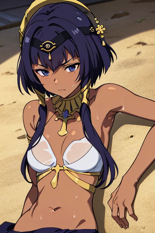 ((best quality)), ((masterpiece)), (detailed), dark tanned skin anime woman, (bare shoulders), (bare arms), starving, (resting hands on the stomach), (hands on the stomach), laying down on the ground, tired expression, sweating, sweat beads all over her body