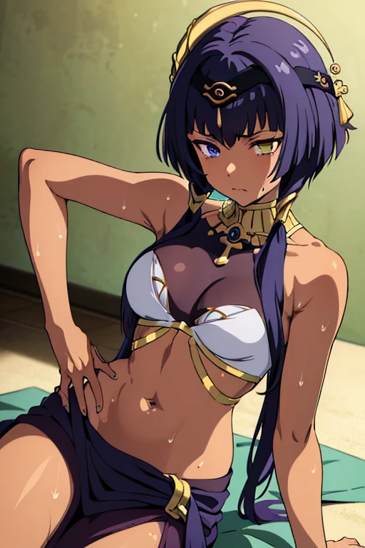 ((best quality)), ((masterpiece)), (detailed), dark tanned skin anime woman, (bare shoulders), (bare arms), starving, (resting hands on the stomach), (hands on the stomach), laying down on the ground, tired expression, sweating, sweat beads all over her body