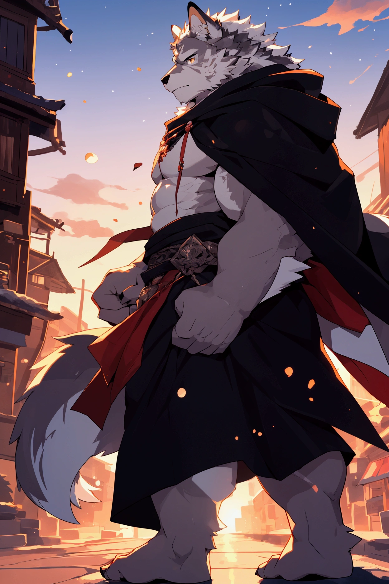Gray wolf orcs,Black highlights on face。Profile,,Black cape with hood。Strengthen your body,Full body view。City Streets。Sunset。Sunset。Depth of Field, Perfect lighting, (Light Particles),(best quality),(masterpiece),(ultra de tailed),Clear focus