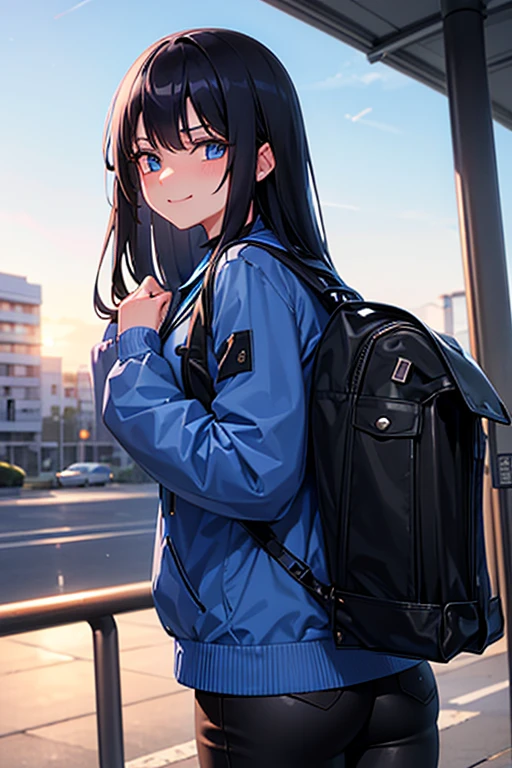 A high school girl with long black hair and blue eyes, wearing a long-sleeved blue windbreaker, black long pants, and a black backpack, smiles shyly at the bus stop, her face flushed.