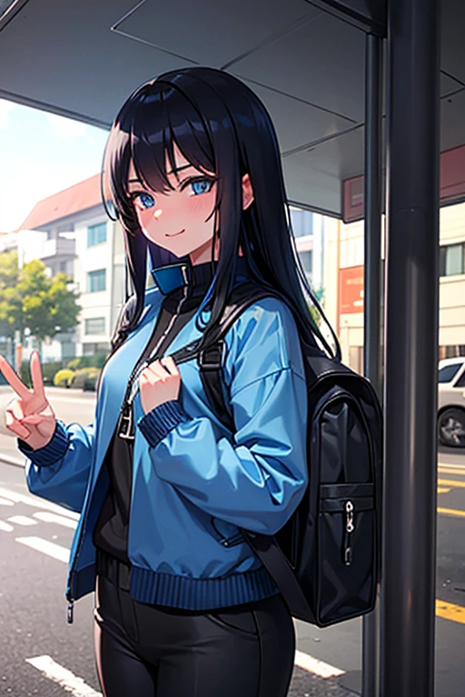 A high school girl with long black hair and blue eyes, wearing a long-sleeved blue windbreaker, black long pants, and a black backpack, smiles shyly at the bus stop, her face flushed.