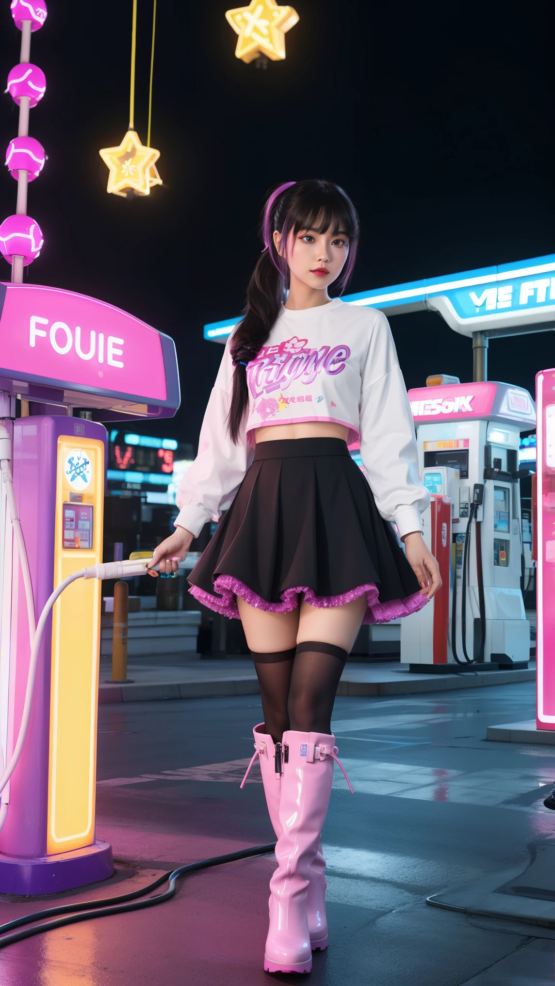 futuristic young woman, The dazzling costume、in a surreal atmosphere々Standing, Neon lights shine at the gas station. Gasoline pump, adorned with star, Floating in the air, The hose swings playfully. Vibrant pink and purple hues spread, Creates a surreal and otherworldly atmosphere, Monitiered layered skirt, Pink Boots, White pink heart print top, Unusual fashion choices, Black low ponytail with bangs