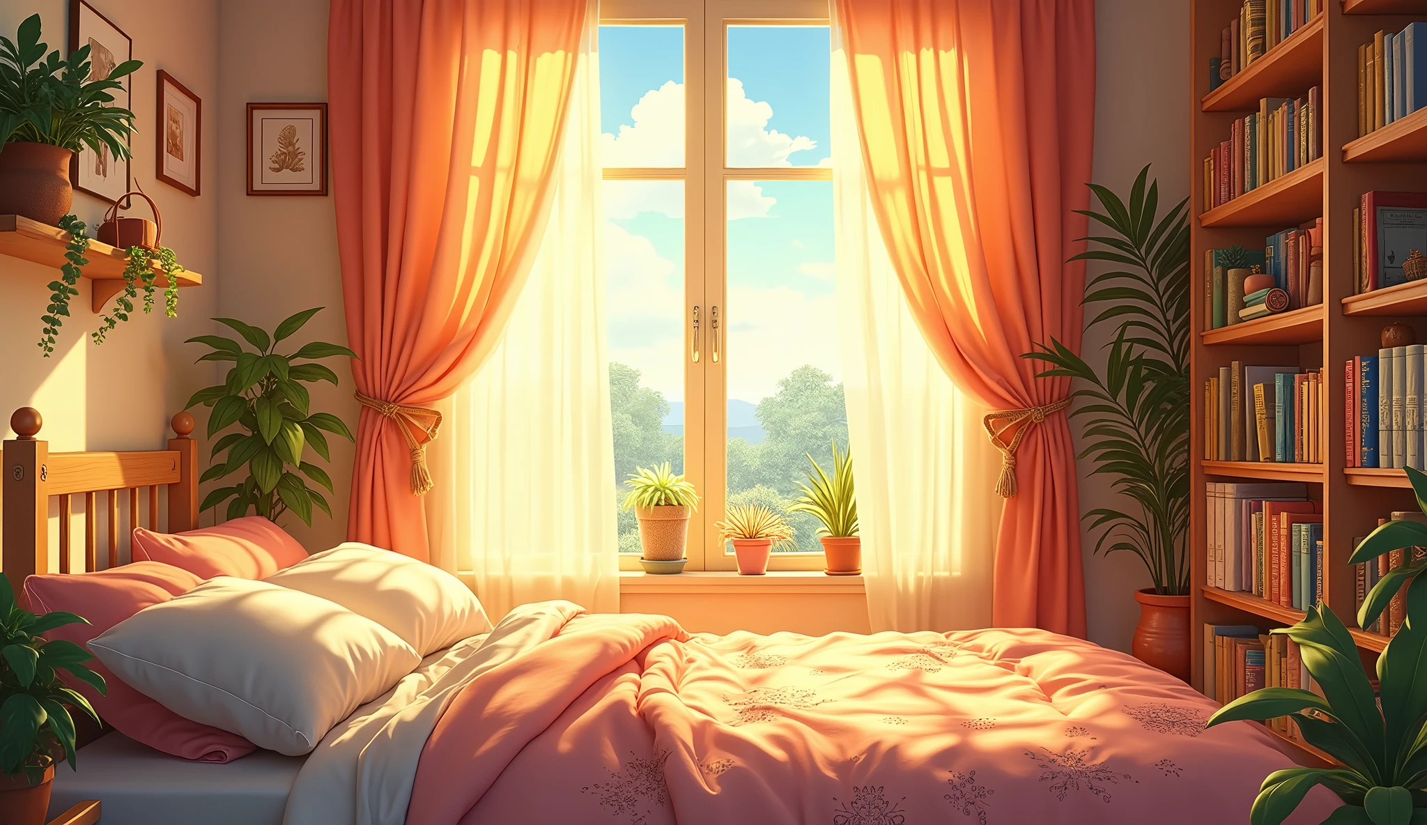 a cozy bedroom, anime style, detailed interior,  soft lighting, warm colors, (best quality,4k,8k,highres,masterpiece:1.2),ultra-detailed,(realistic,photorealistic,photo-realistic:1.37),digital painting,intricate details,natural lighting,soft focus,vibrant colors,dreamy atmosphere