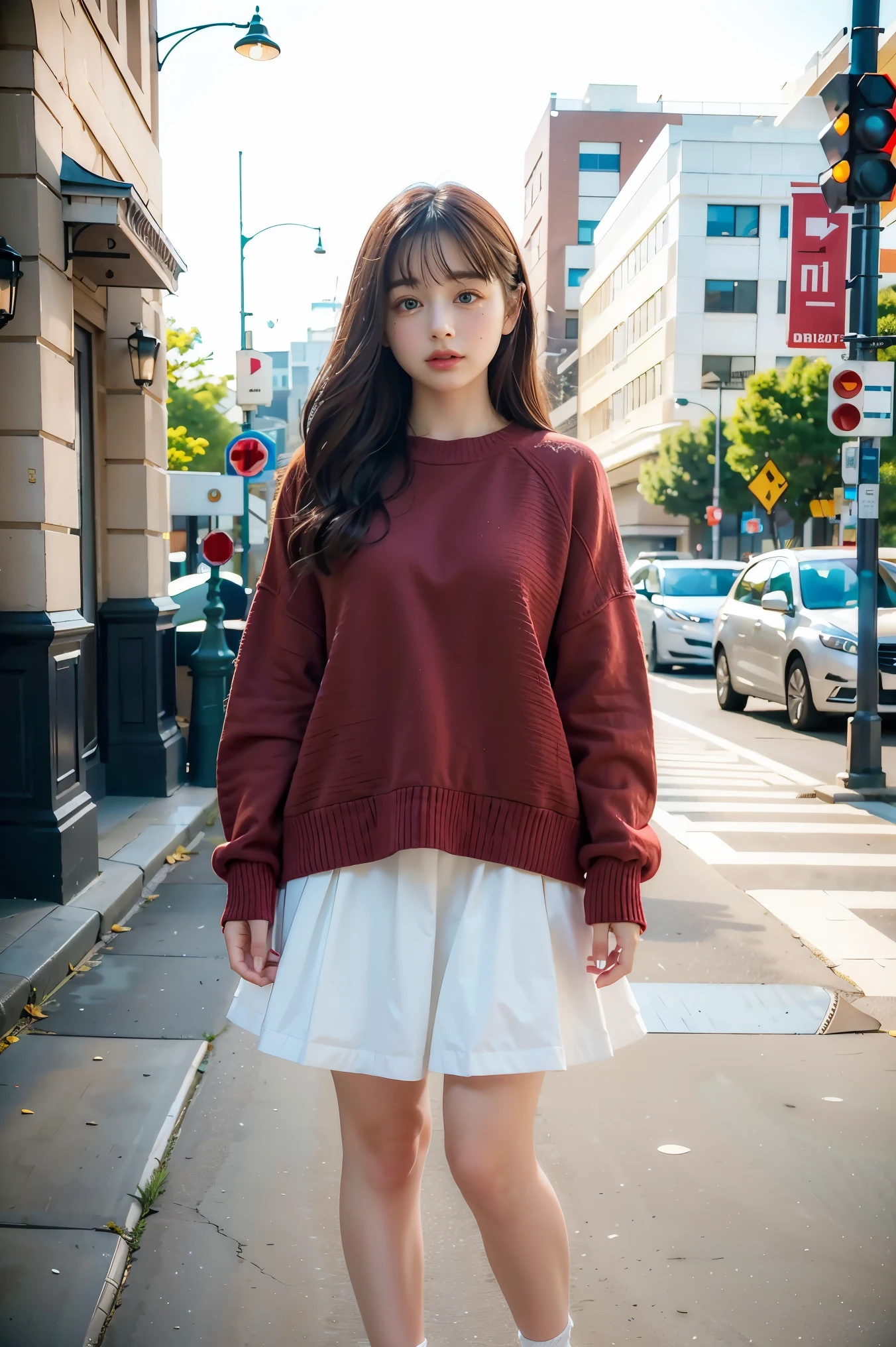 high quality, detailed, realistic portrait of a young woman, 1girl, beautiful detailed eyes, beautiful detailed lips, extremely detailed face, long eyelashes, genny, red sweater, frilly white skirt, sneakers, standing, looking at viewer, masterpiece, photorealistic, 8k, cinematic lighting, warm color palette, symmetrical composition, hyper detailed