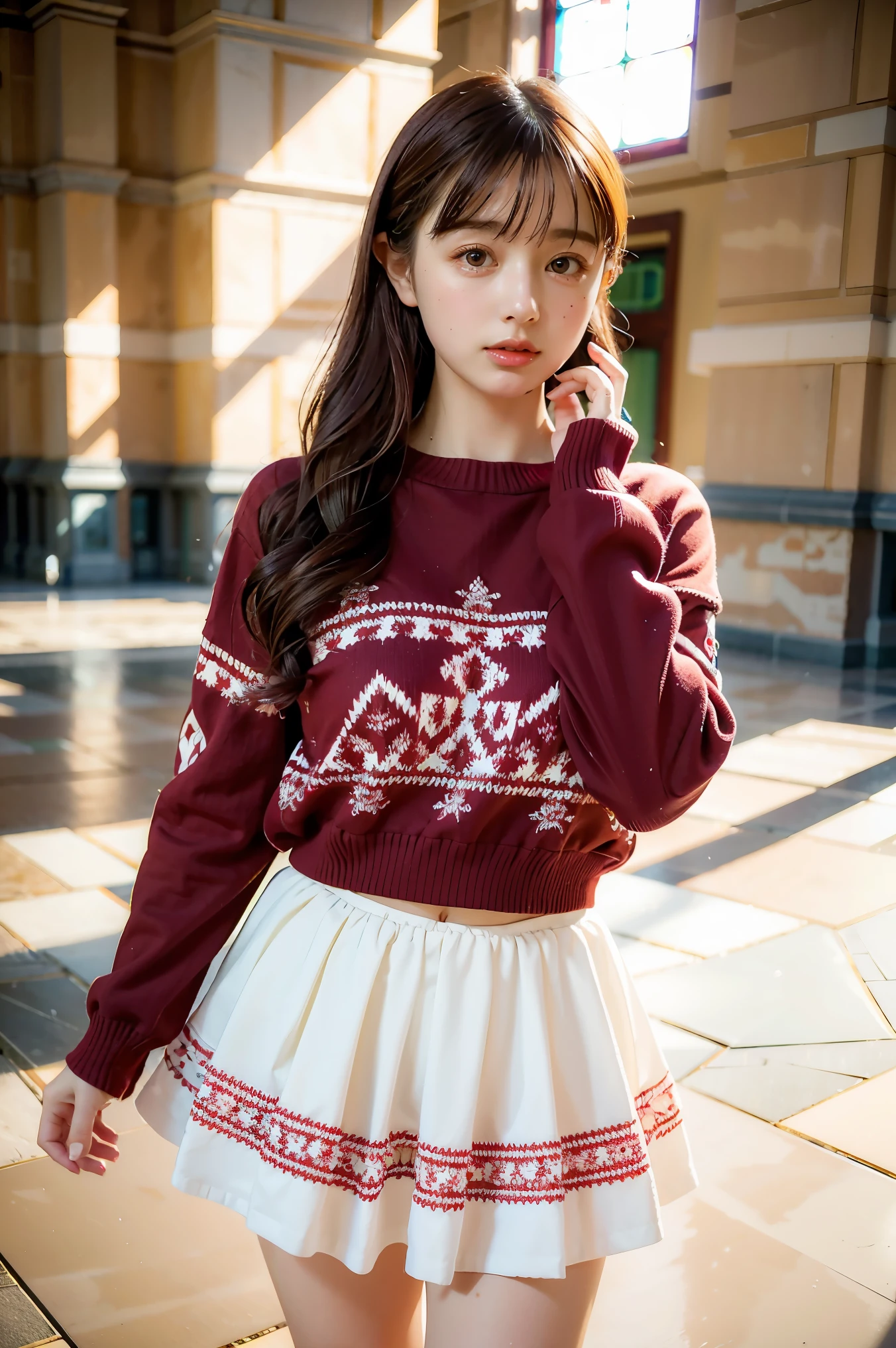 high quality, detailed, realistic portrait of a young woman, 1girl, beautiful detailed eyes, beautiful detailed lips, extremely detailed face, long eyelashes, genny, red sweater, frilly white skirt, sneakers, standing, looking at viewer, masterpiece, photorealistic, 8k, cinematic lighting, warm color palette, symmetrical composition, hyper detailed