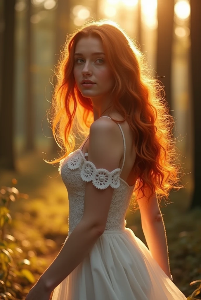 1girl, redhead, beautiful detailed eyes, beautiful detailed lips, extremely detailed face, longeyelashes, perfect face, perfect eyes, elegant laced white dress, large natural breasts, walking through a beautiful forest, golden hour lighting, (best quality,4k,8k,highres,masterpiece:1.2),ultra-detailed,(realistic,photorealistic,photo-realistic:1.37), detailed environment, intricate details, warm color tones, soft lighting, cinematic composition