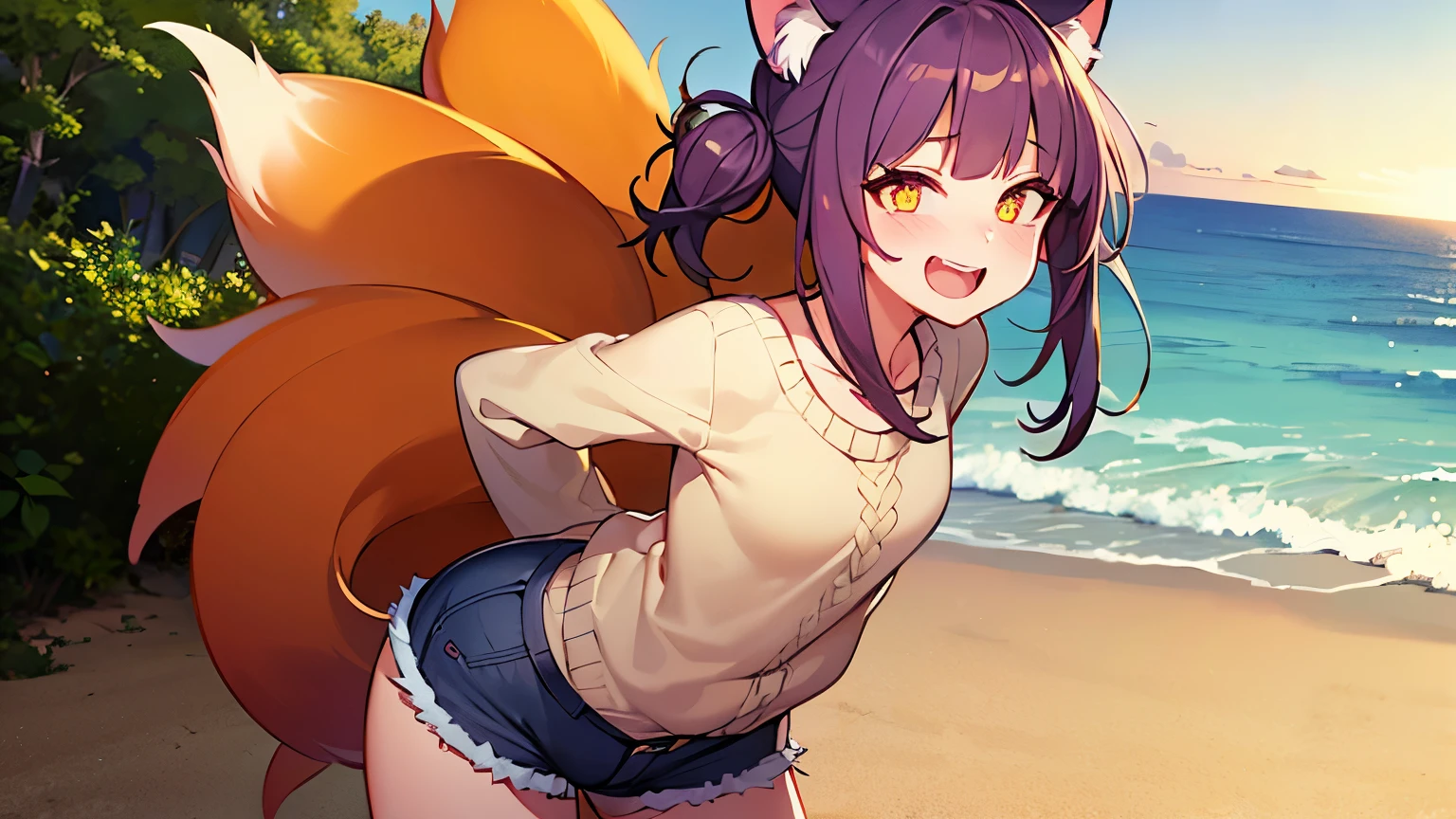 photorealistic, 1girl, saturated violet hair, orange fox ears (1.7), flat chest (1.7), puffed out her cheeks, saturated glowing bright orange eyes, cat-like pupils (2), sandy beach, denim shorts, sweater, narrow waist (2), tired but happy eyes, cutely holds hands behind back,flirts(1.6)