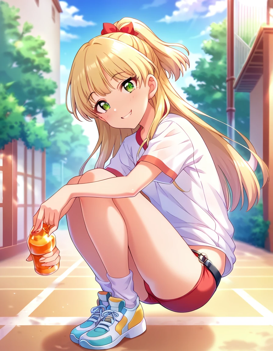 score_9, score_8_superior, score_7_superior, sauce_anime,
evaluation_Sensitive, Sexually suggestive,
One person, alone, smile, Joyful, 
Outdoor, Sunbeam,Strapon，
 sorry, Long Hair, Blonde,   Hair Ribbon,Green Eyes, Small breasts, 
Gym suit, White gym shirt, Untucked shirt,  red buruma, socks, sneakers, Thighs, Showing off her ass，
Detailed eyes, Eye Reflexes,