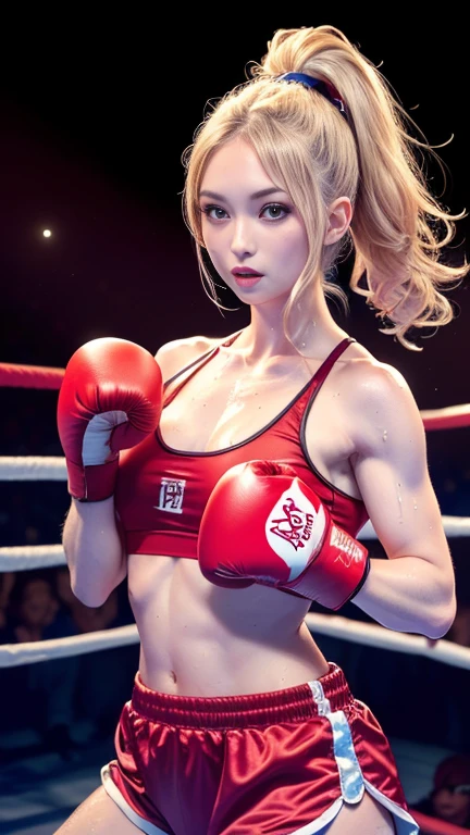 (((beautiful女性ボクサー))),(((Sweaty 1.5))),(((Huge Olympic Boxing Ring Arena, As far as the eye can see, the audience fills the sky))), ((Glowing Skin 1.5)),素晴らしいスタイルを持つbeautiful日本人ボクサー,He enters the ring wearing 16-ounce red boxing gloves,(((beautifulキラキラ輝くサテンのタンキニとショーツ))),(((He's protecting himself with his boxing gloves at his chin。.))),(((Competitiveness, Muscular, 派手な白と赤の衣装を着たbeautifulボクサー, Sparkly material,))),(((Perfect ???????:1.6))),Sexy waist,masterpiece,Highest quality,Ultra-high resolution,Highly detailed portrait,Idol's face,Thin limbs,Her sweat shines dazzlingly,(((Her toned abs, Her slender waist and hips captivate the viewer..))),((4K face-up shot capturing the essence of the action from above)),Cute 20 year old, (((beautiful, Sexy asymmetrical chestnut short hair.))),(Her large breasts are the best),Long eyelashes, Big eyes and double eyelids,((Glossy thick lips)),(((Sexy thighs))),