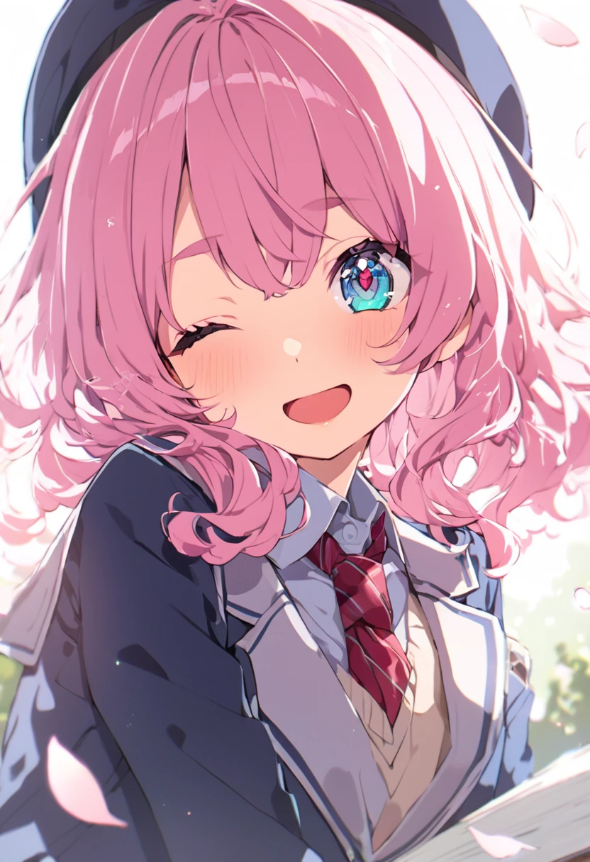Super fine illustrations、{{solo girl}}、{pretty girl}、cowboy shot, (no hat:1.5)、beautiful hair、{scarlet color hair}、{medium hair}、wavy hair、, {blue color eyes}、wink、beautiful eyes、one eye closed、{school uniform}, {blazer}、smile、lushing cheeks、open mouth、cherry blossom sky、{Graduation ceremony}、{masterpiece}、{ultra quality}、{beautiful detailed eyes}、{beautiful detailed glow},