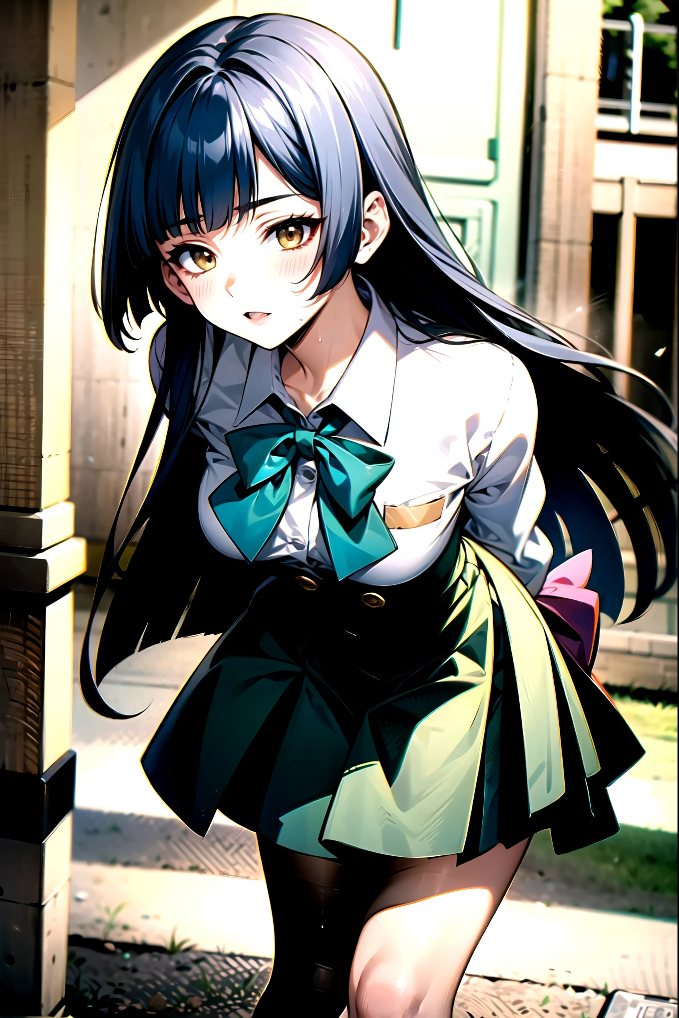 ((super high quality,Ultra-high resolution,4K,8k,super masterpiece,Ultra HD ,Detailed shading)),The park on a morning with a breeze,1 high school girl,Blue-green blazer,The white dress shirt is unbuttoned up to the second button.,A bright yellow striped bow tie,Brown plaid mini skirt,Skirt blown up by the wind,Holding a skirt with one's hand,black tights,Long black straight hair,The wind messes up my hair,Side-swept bangs,Sharp gaze with raised eyebrows,Laughter,blush,Embarrassing,Leaning the body diagonally and tilting it forward,Sweaty,