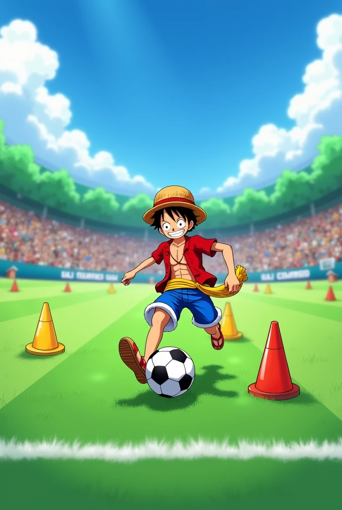 Luffy starts to Dribble playing soccer with some training cones 
