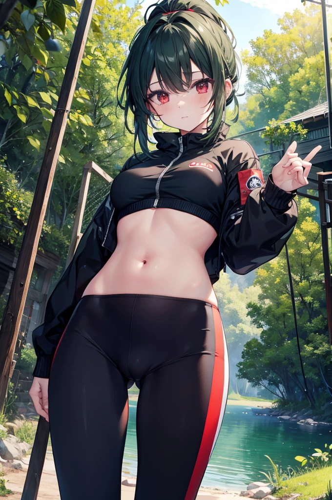 (masterpiece), Top quality from above, Expressive eyes, Perfect Face, Bulky, From below, Black and green hair, ponytail, Red eyes, Play sports often, Moderate breasts, Red cheeks, stomach, belly button, nature, lake, Overgrown, rich vegetation, Grapevine, Perfect Anatomy, Perfect Fingers, 65 years old, Moderate, Black bomber jacket, :is, trainer, leggings, ( Perfect body, Perfect Fingers, Perfect hands ),Creampie in the crotch