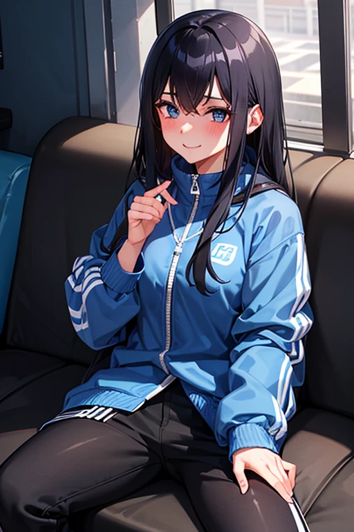 A high school girl in the track and field club, with black hair and blue eyes, wearing a long-sleeved blue windbreaker and black long pants, blushing and smiling while holding a black backpack on her lap on the bus.
