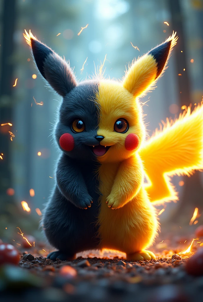 Pikachu, divided in the middle, one side dark aggressive, animalistic, other side, joyful, playful, colorful. sparks, realistic fur, intricate details. volumetric lighting, ray tracing, over-detailed, intricate background, conceptual art, detailed rendering, 3d render