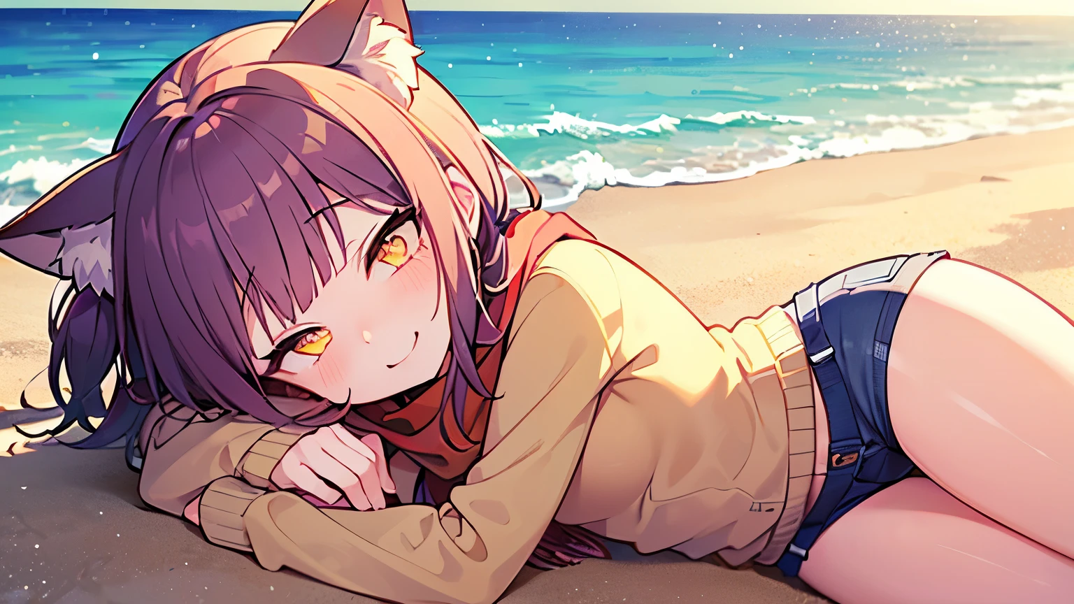 photorealistic, 1girl, saturated violet hair, orange fox ears (1.7), flat chest (1.7), puffed out her cheeks, saturated glowing bright orange eyes, cat-like pupils (2), sandy beach, denim shorts, sweater, narrow waist (2), tired but happy eyes, cutely holds,flirts(1.6), orange scarf