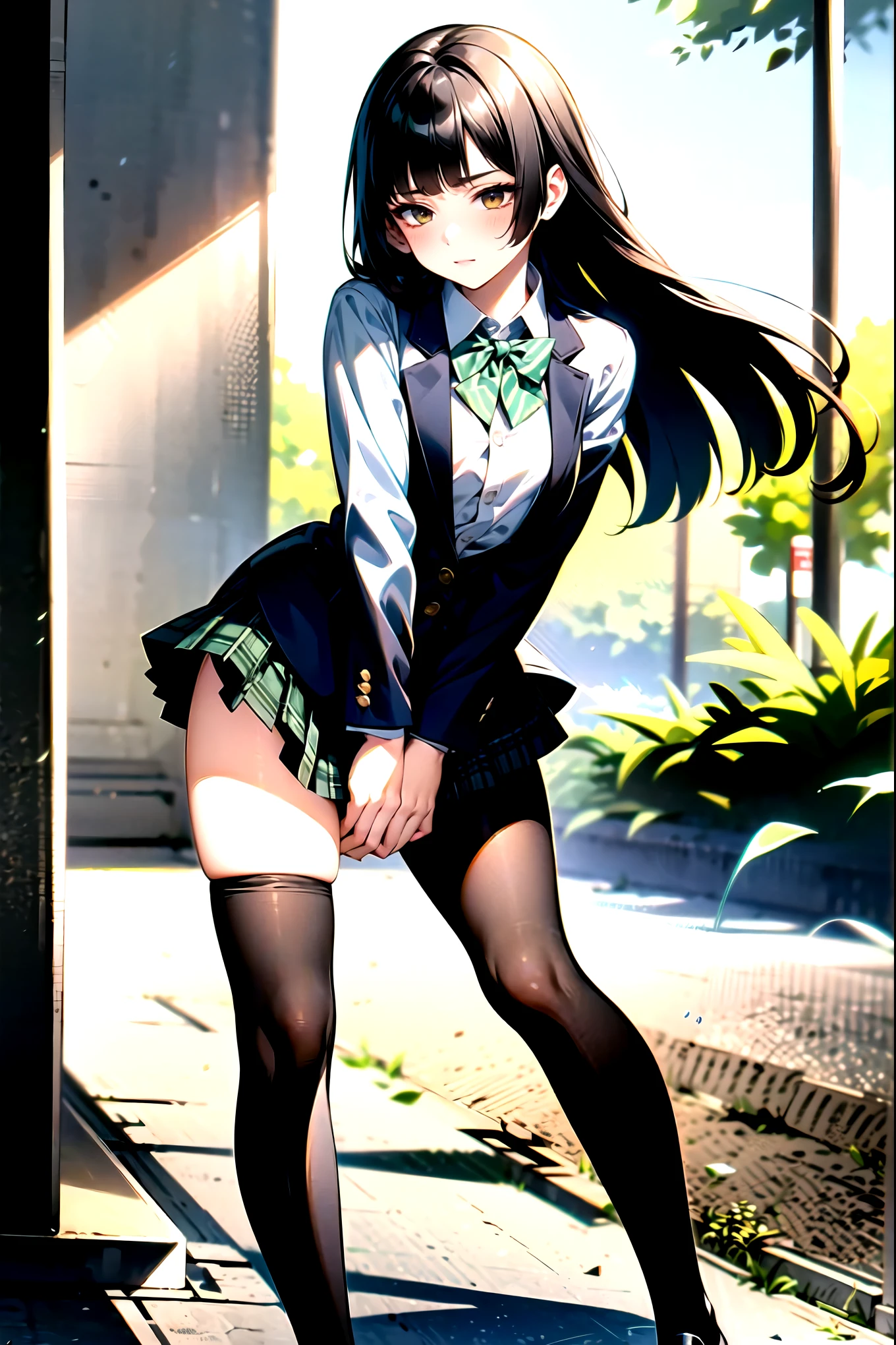 ((super high quality,Ultra-high resolution,4K,8k,super masterpiece,Ultra HD ,Detailed shading)),Full body photo,The park on a morning with a breeze,1 high school girl,Blue-green blazer,The white dress shirt is unbuttoned up to the second button.,A bright yellow striped bow tie,Brown plaid mini skirt,Skirt blown up by the wind,Holding a skirt with one's hand,black tights,Long black straight hair,The wind messes up my hair,Side-swept bangs,Sharp gaze with raised eyebrows,Laughter,blush,Embarrassing,Leaning the body diagonally and tilting it forward,Sweaty,