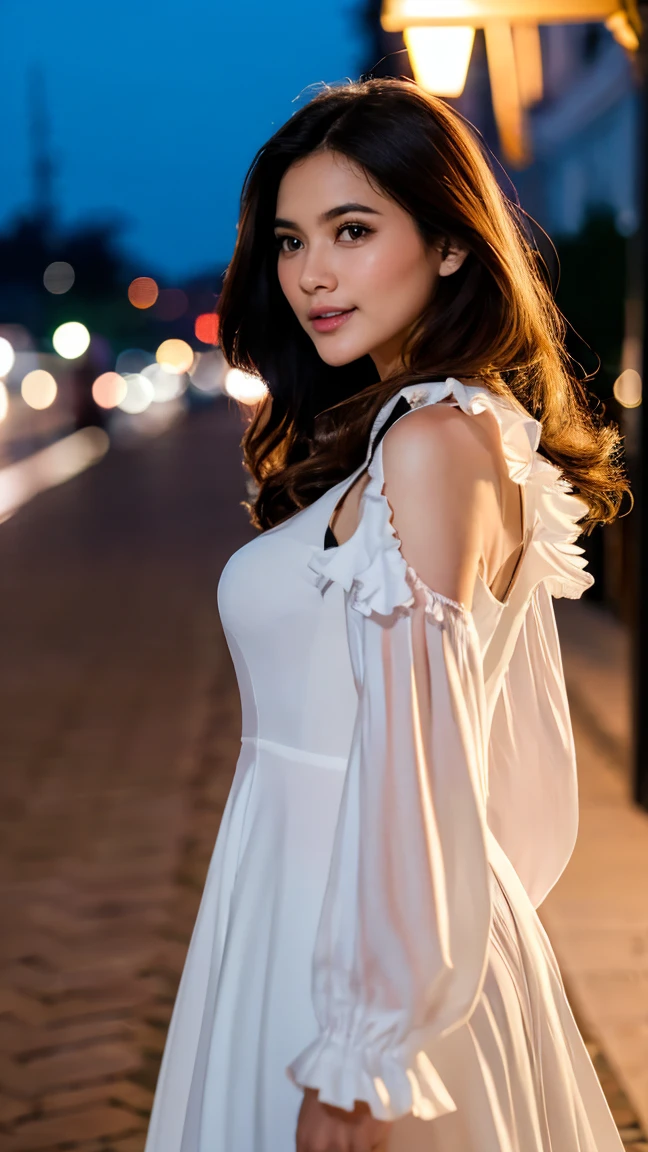 masterpiece, highest quality, 8k high quality photo, cinematic lighting, deep shadow, 1girl, gorgeous face, fearless smile, smooth soft parl skin, light-blown medium wavy hair, looking into camera, (standing on european street), model posing, front view,((cowboy shot)), (long sleeves frilled dress:1.2), at late night, ((night:1.5))