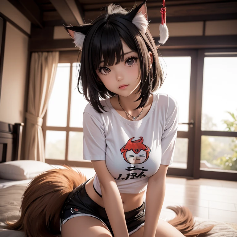 ((nekomusume)), ((ultra realisitic)), ((picture-perfect)), ((face perfect)), ((ultra detaild)), ((fully body)), ((perfectbody)), a cat girl((youkai)), de roupas de adventurous , ela usa short e t - shirt, longas meias pretas e mitts com os dedos amostra, her hair is short, shoulder length, sharp fingernails, sample tusks, she has a cat tail((shorth hair)), best qualityer, High definition, fully body, adventurous, short, t - shirt, mitts, sensuous, imagem de fully body