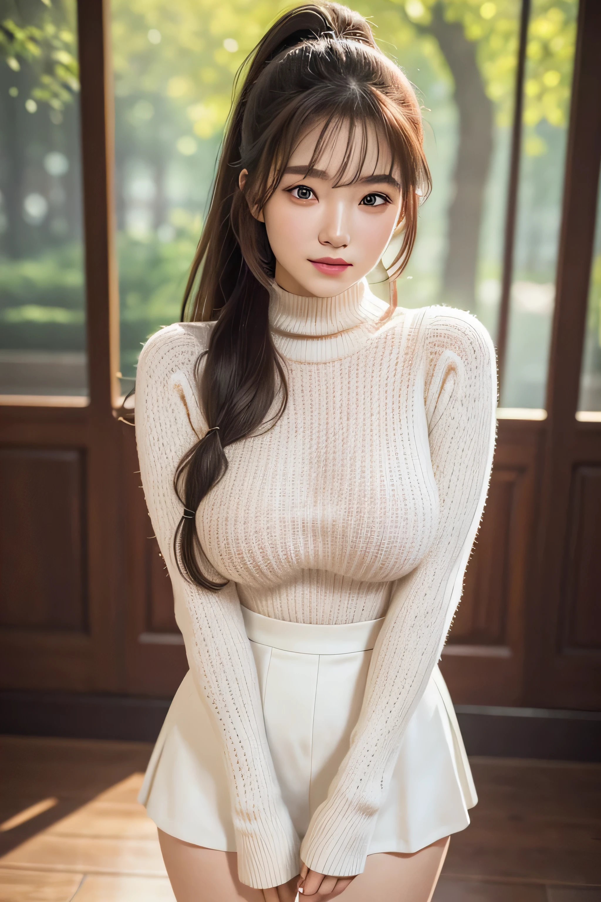 最high quality、high quality、best image quality、8K、最High resolution、High resolution、最high quality、masterpiece、whole body photos、 skin in every detail、 face in every detail、 eyes in every detail、 lips in every detail、 teeth in every detail、 ears with attention to detail、 hair with detailed details、arms with attention to detail、 hands with attention to detail、 fingers with attention to detail、 (fine hands、thumb1reference4)、 legs with attention to detail, feet with attention to detail, 8k, ultra HD, sharp focus, details hair, beautiful hair, details face, beautiful detail eye, details pupil, perfect hand, vibrant colours, soft lighting, best quality,4k,highres,masterpiece:1.2, ultra-detailed, portraits, HDR:1.1, vivid colors:1.1, studio lighting, bokeh, highly saturated colors, detailed background, subtle shadows, ethereal glow, pastel color palette, delicate details, sublime beauty, feminine charm, crisp focus, fine brushwork, impeccable craftsmanship, emotional depth, captivating storytelling, intriguing narrative)
, impressive realism, exceptional artistry, masterpiece-worthy, awe-inspiring.
1 girl, 15 years old, white skin, long hair, random high ponytail hair, layers hair, bangs hair, beautiful girl, cute girl, sweet girl, pretty girl, perfect girl, perfect body, pretty eyes, red eyes, thin lips, (eye line, lip soft),huge, huge breast, outdoors, smile, thigh, legs, virgin killer sweater, full cover, standing, photo on middle fancing camera, full body,