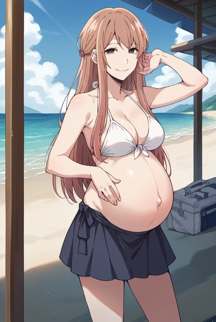 score_9, score_8_up, score_7_up, source_anime,
akaneminagawa, akane minagawa, long hair, bangs, brown hair, brown eyes,
Bikini, skirt, Heels, big belly, Beach, background, rubing belly, smile,
looking at viewer, cowboy shot, solo, pregnant, possing