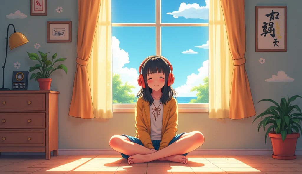 morning、Listen to music in a cozy room、Headphones, hard disk, morning日、Hopeful skies、You look feels good、LoFi、Big Breasts、Retro、Good morning、high school girl、Makoto Shinkai style、2D-style animation、Lo-Fi、barefoot、Illustrated style、Retro、明るいmorning、A room with cool colors、Ghibli style