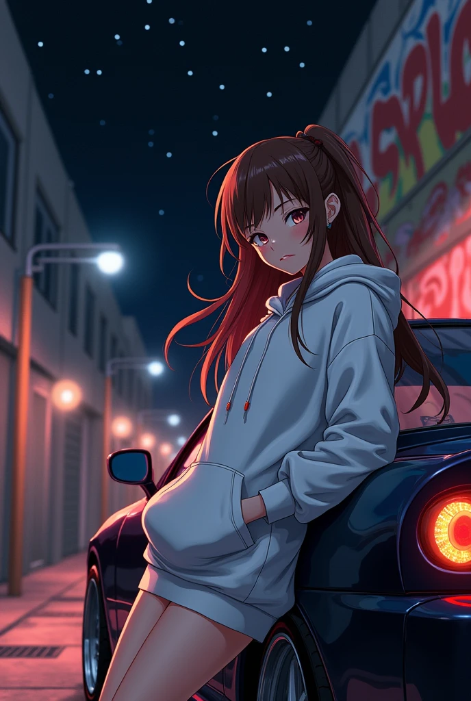 adult anime girl (brunette) in a white oversized hoodie on a Toyota Supra MK4, black background (cover to the track) 