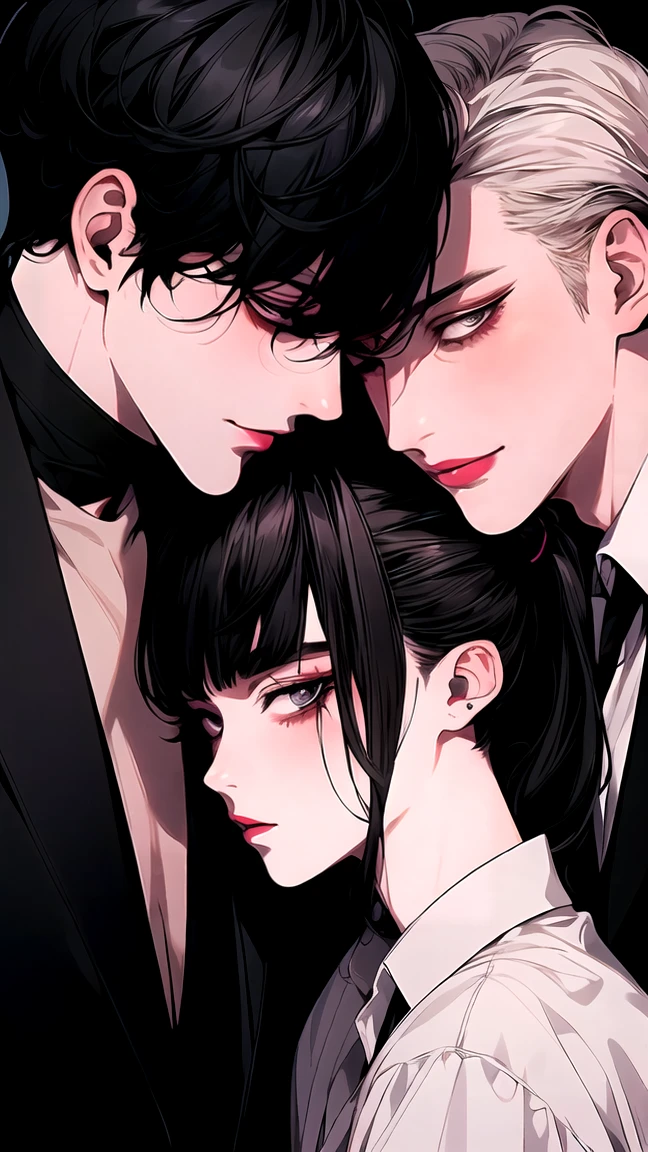 (Masterpiece), (High Quality), Very detailed, (( Threesome guy)), Perfect Face, Beautiful Face, Very detail, (short Black-haired man), (long ponytail blonde-haired man), (mid dark-haired man)、white shirt, open shirt and black suit, stained lipstick, long eyelashes, shining, effection, open shirt, teased,