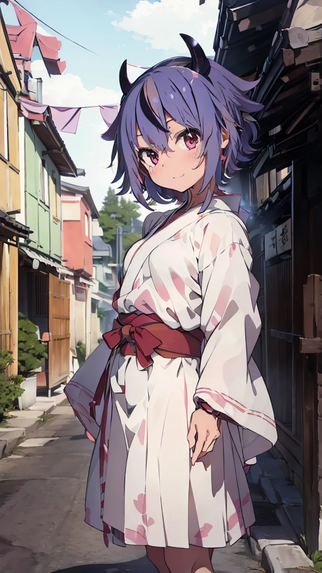 masterpiece, Highest quality, High resolution, Very detailed,(((Mikoto Naruka))), (((smile)))、(((Standing in the distance))), (((yukata))), (((alley))), (((Lantern))), (((Multicolored Hair))), (((horn))), (((Pink Eyes)))