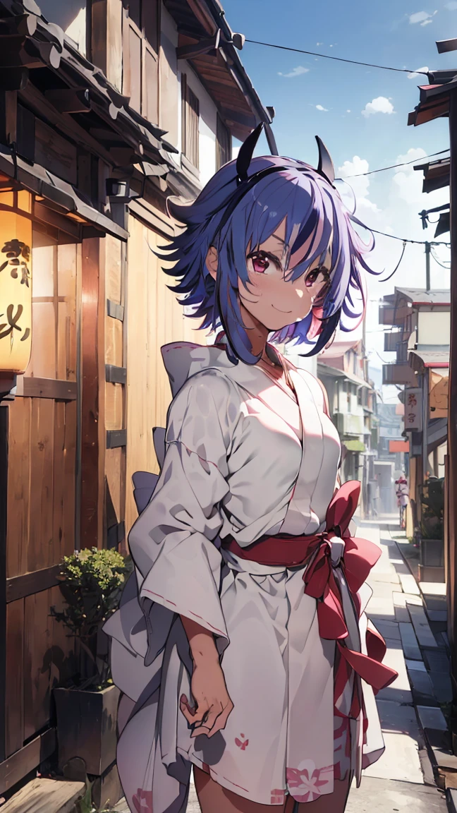 masterpiece, Highest quality, High resolution, Very detailed,(((Mikoto Naruka))), (((smile)))、(((Standing in the distance))), (((yukata))), (((alley))), (((Lantern))), (((Multicolored Hair))), (((horn))), (((Pink Eyes)))