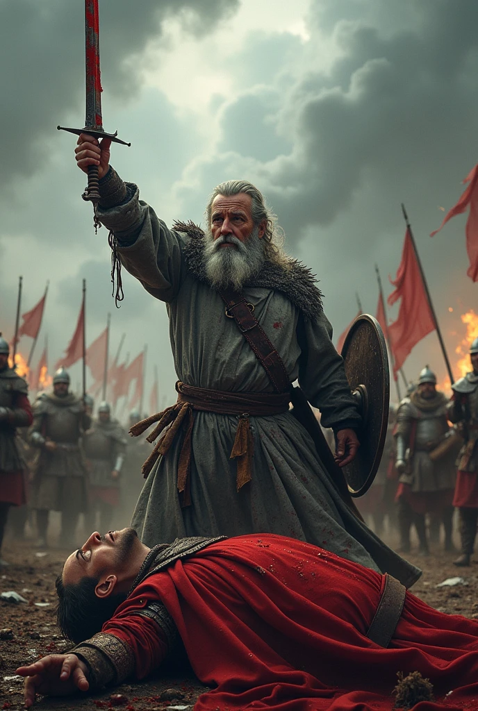 A grey colour dressed 50 years man,killing a king in battle with sword bleeding
