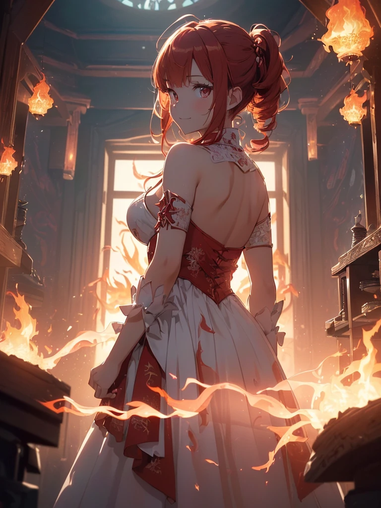 (((best quality, sharp image, clear image, cinematic lighting, 8k resolution, masterpiece, ultra detailed, intricate))) Girl, (((looking over right shoulder))), (shot from behind), ((half shot)), fiery red hair, pigtails, (white dress), ((flaming sigils, flaming runes)), spiky rock formations, (flaming lotus flowers frame), (intricate background), (((translucent fire))), (swirling flames), smiling