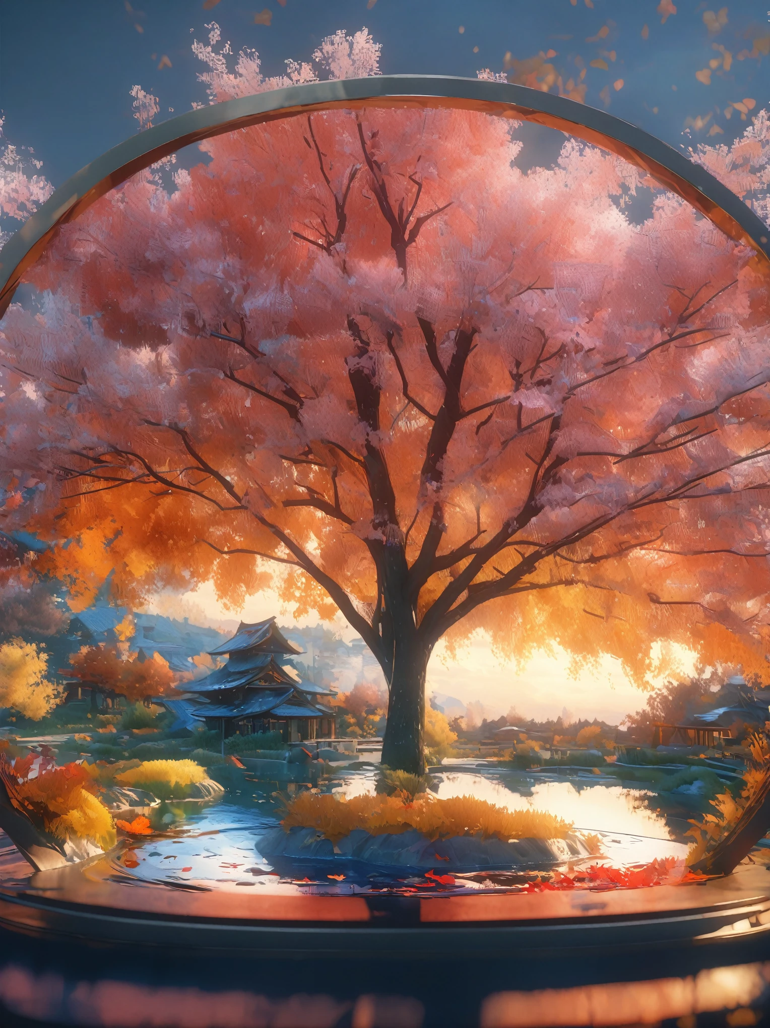 DIY16，best quality, Ultra HD, masterpieces, 8K, Practical, Anime style, 3D Rendering，(Pond in the evening:1.2), (8K, best quality, masterpiece:1.2), (Ultra-high resolution:1.0), Extremely bright design, Soft colors, (ink:1.3), Autumn Lights, High Detail, dramatic, photoPractical painting art
