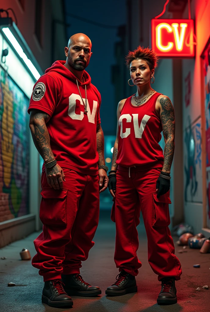 create a couple of gta criminal characters, with tattoo, red clothes written cv