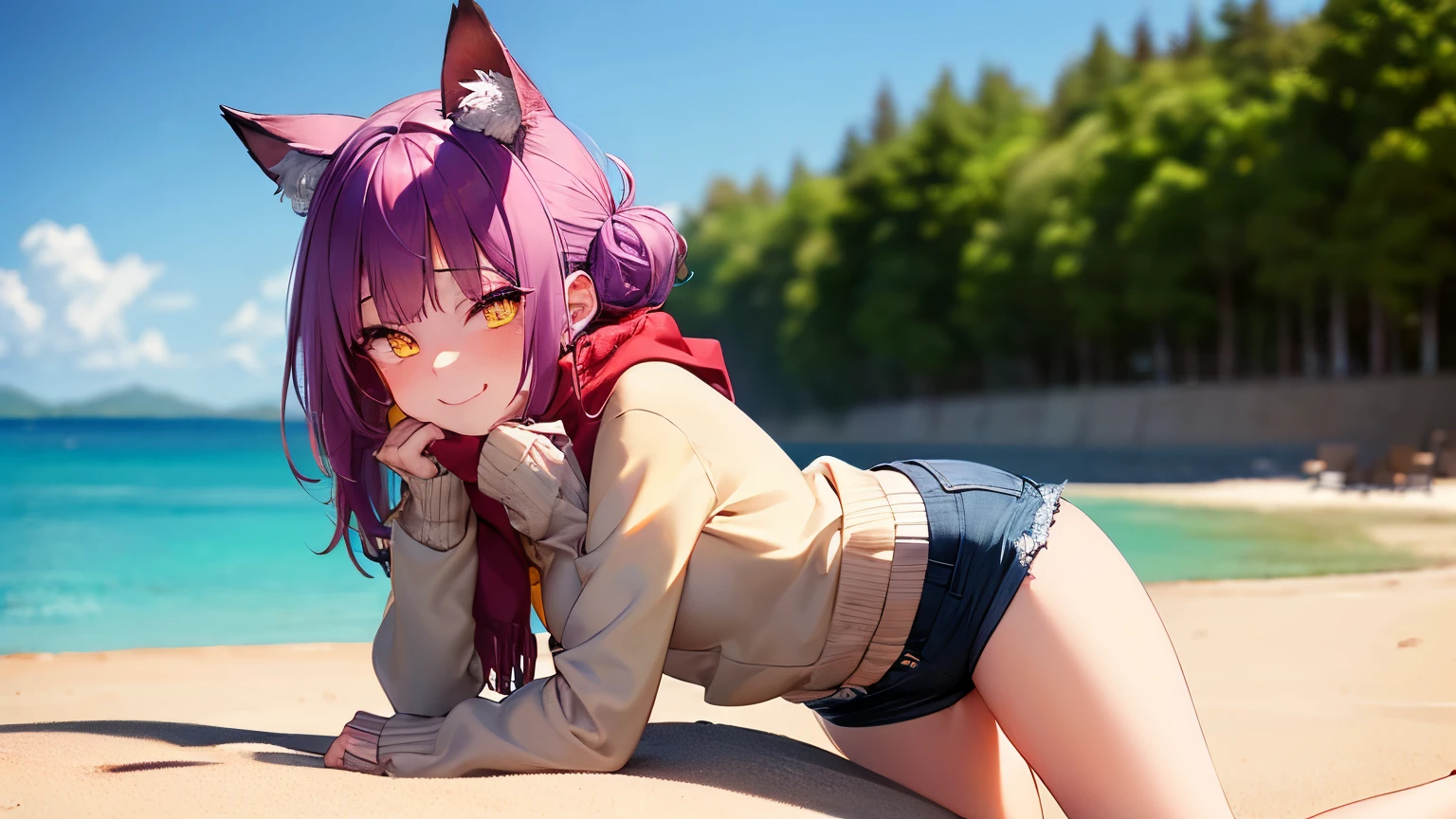 photorealistic, 1girl, saturated violet hair, orange fox ears (1.7), flat chest (1.7), puffed out her cheeks, saturated glowing bright orange eyes, cat-like pupils (2), sandy beach, denim shorts, sweater, narrow waist (2), tired but happy eyes, cutely holds,flirts(1.6), orange scarf
