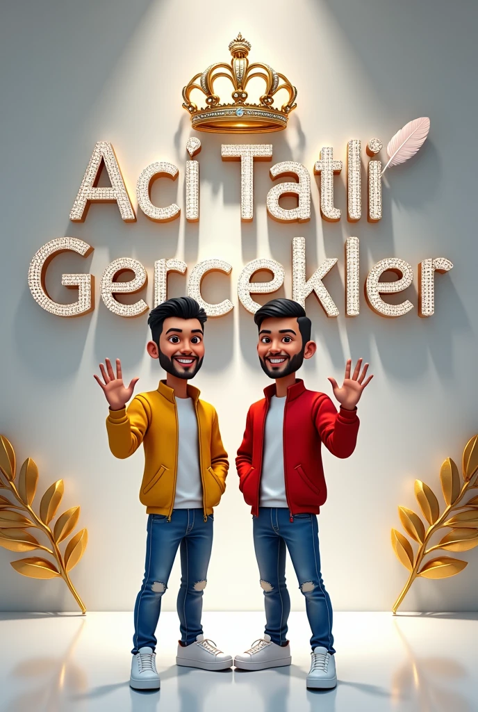 (photorealism:1.2),A stunning 3D illustration of the name 'Acı Tatlı gercekler' written in whıte, black-colored letters, adorned with sparkling gemstones. The letters are surrounded by an intricate golden crown adorned with diamonds and a graceful white feather. The crown rests on a backdrop of pristine white walls, creating a luxurious and regal atmosphere. The entire scene is reflected on a shiny surface below, and two golden laurel leaves flank the name, symbolizing victory and honor. This captivating artwork showcases exceptional 3D rendering and typography skills, with a vibrant and graffiti-inspired style. 16:9 ratio, vibrant, typography, illustration, 3d render, graffiti, 1920 x1080 resolution, in the front of the letter stayed 4D caricature of two 25 year old turkish men with short black hair, wearing yellow and red jackets combined with gold and white shirts, wearing blue jeans, white casual shoes, standing together with hands waving forward, face view, full body, gray gradient background. studio photography, portrait photography, 3d render