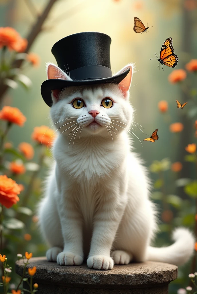 A white cat in a top hat 