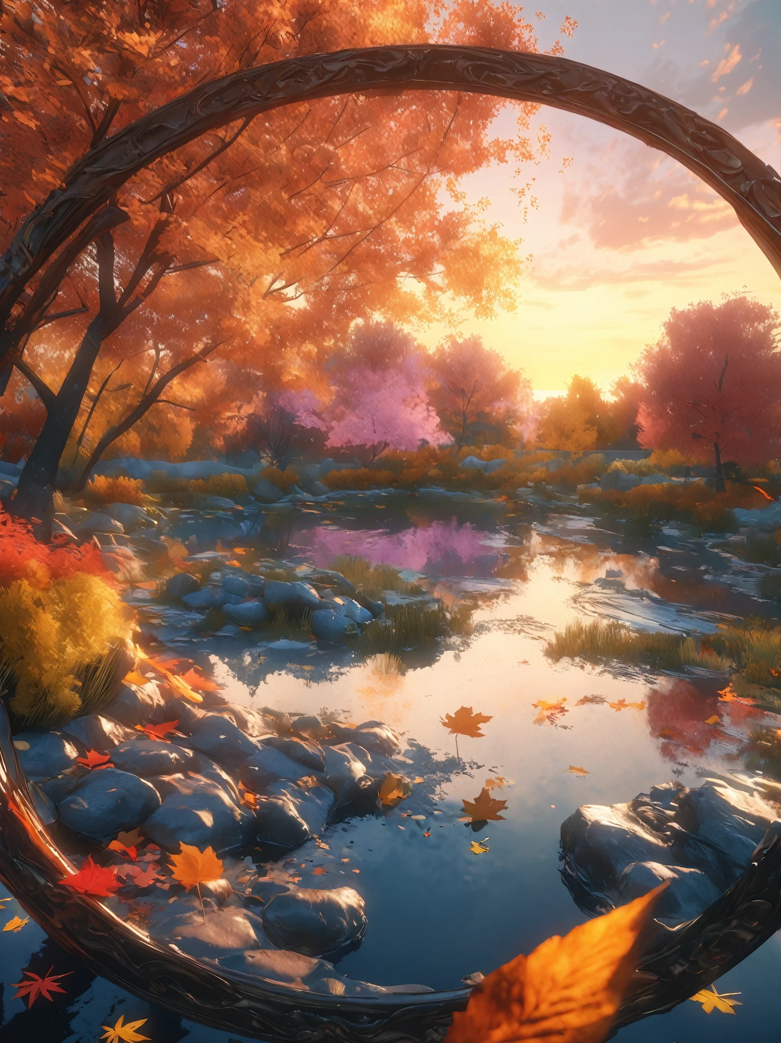 DIY16，best quality, Ultra HD, masterpieces, 8K, Practical, Anime style, 3D Rendering，(Pond in the evening:1.2), (8K, best quality, masterpiece:1.2), (Ultra-high resolution:1.0), Extremely bright design, Soft colors, (ink:1.3), Autumn Lights, High Detail, dramatic, photoPractical painting art
