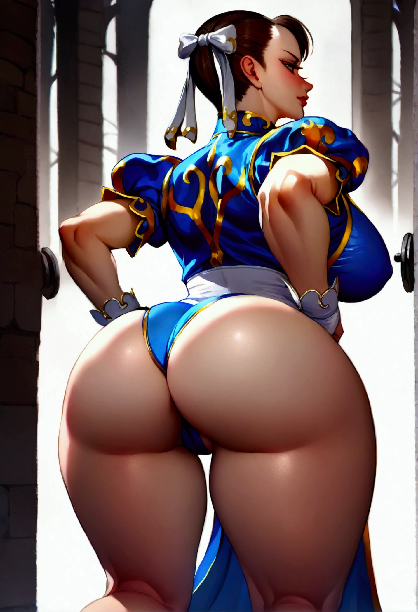 chun li,crouched,standing backwards,nice ass,olhando para traz,hands on thighs