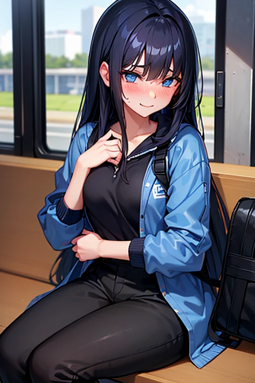 A seductive high school girl with black hair and blue eyes, wearing a long-sleeved blue windbreaker and black long pants, sitting on a bus with a black backpack on her lap, blushing and looking shy and happy.