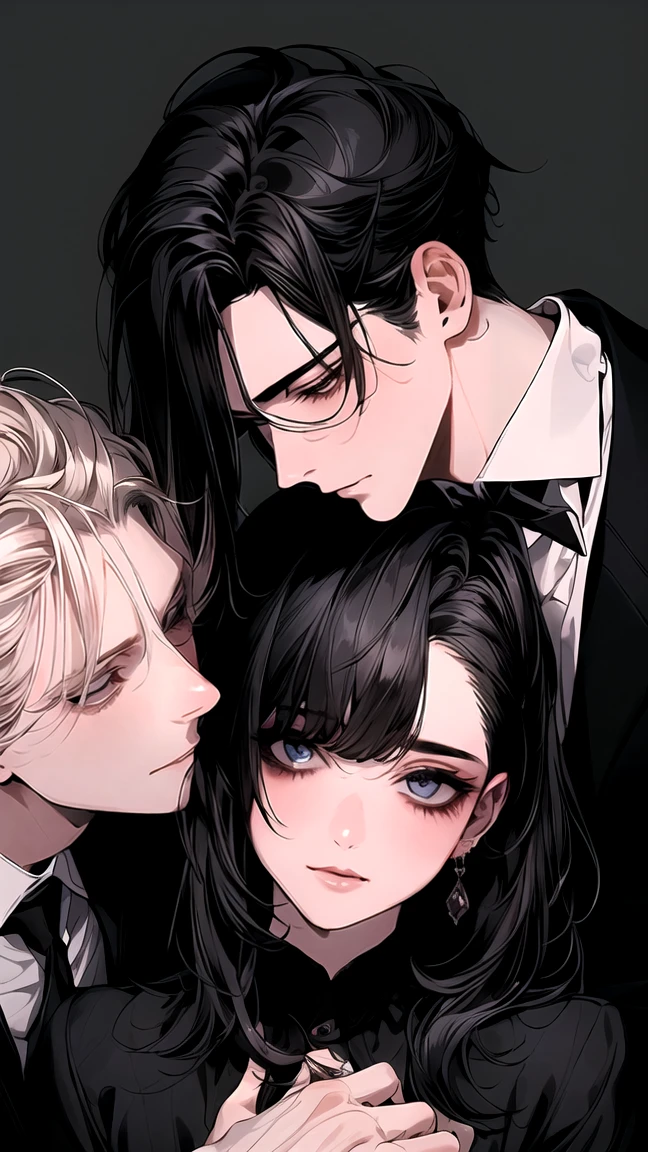 (Masterpiece), (High Quality), Very detailed, (( Threesome guy)), Perfect Face, Beautiful Face, Very detail, (short Black-haired man), (long ponytail blonde-haired man), (mid dark-haired man)、white shirt, open shirt and black suit, yaoi, stained blood, long eyelashes, shining, effection, open shirt, teased,