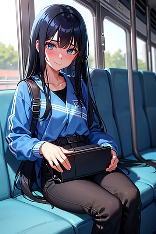 A high school girl with long black hair and blue eyes, dressed in a blue windbreaker and black long pants, looking like an idol of the track and field team, blushing and looking happy while clinging to a black backpack on her lap on the bus.