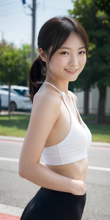 A neat female college student, people, (spats, Play sports often), Outside the playground, (slim), Realistic, detailed, Skin Texture, ultra detailed, Delicate and sexy collarbone, smile, super detaileded face, detaileded lips, detaileded eyes, small breasts, small, small breasts, small, flat breasts, flat、Sideboob、side、Sweaty、Erect nipples、Crisp pubic area