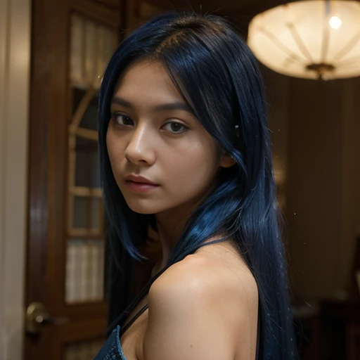 Belle fille, Asian model, 21 ans, electric blue haired model, En regardant la caméra, woman with a beautiful face, long hair woman, blue eye , nue et cambrer a nous montrer ses fesses