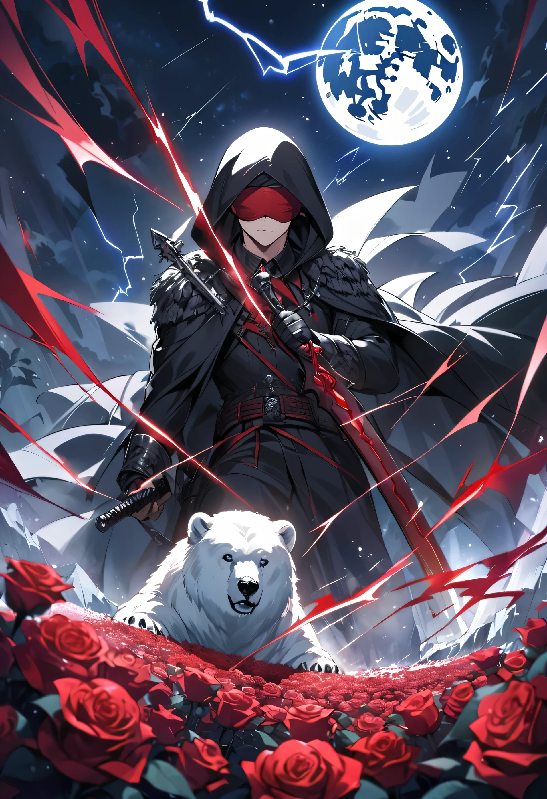 draw a dynamic picture. In it a man with a black hood and a long sword is riding a polar bear while the moon shines, Roses cover the ground and lightning falls from the sky. The man wears a red blindfold. The background of the picture in red.