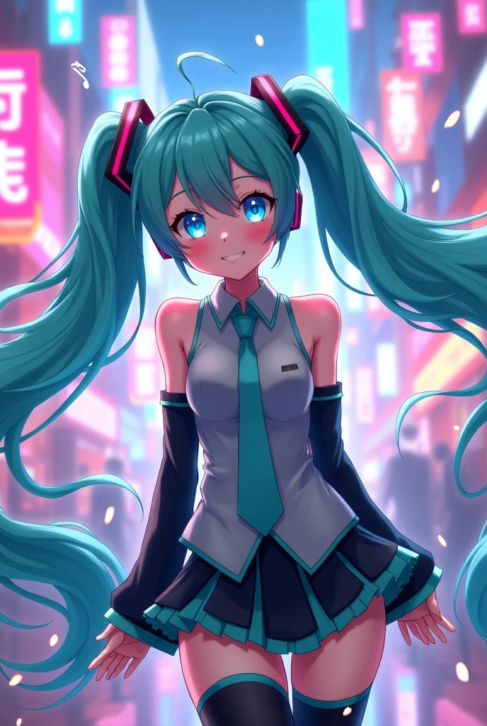 Miku smiling at the camera in anime style