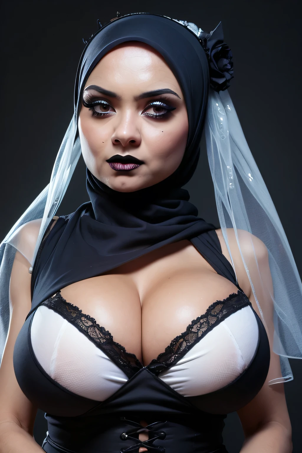 ((GOTHIC GOTH GIRL BLACK LIPS)), Jumbo (Singlet), Chubby adorable, 1 girl, (face to face), , baby face, a expression, half body portrait, (face details: 1), (eye details: 1), ((big breasts)). wearing transparent transparency soft long shirt, hijab, .. Cute posed. proportional body. Ultra High Res. realistic: 1.4, UHD, ((white leopard pattern)), ((Bigger:2.4)), (((DARK BACKGROUND)))