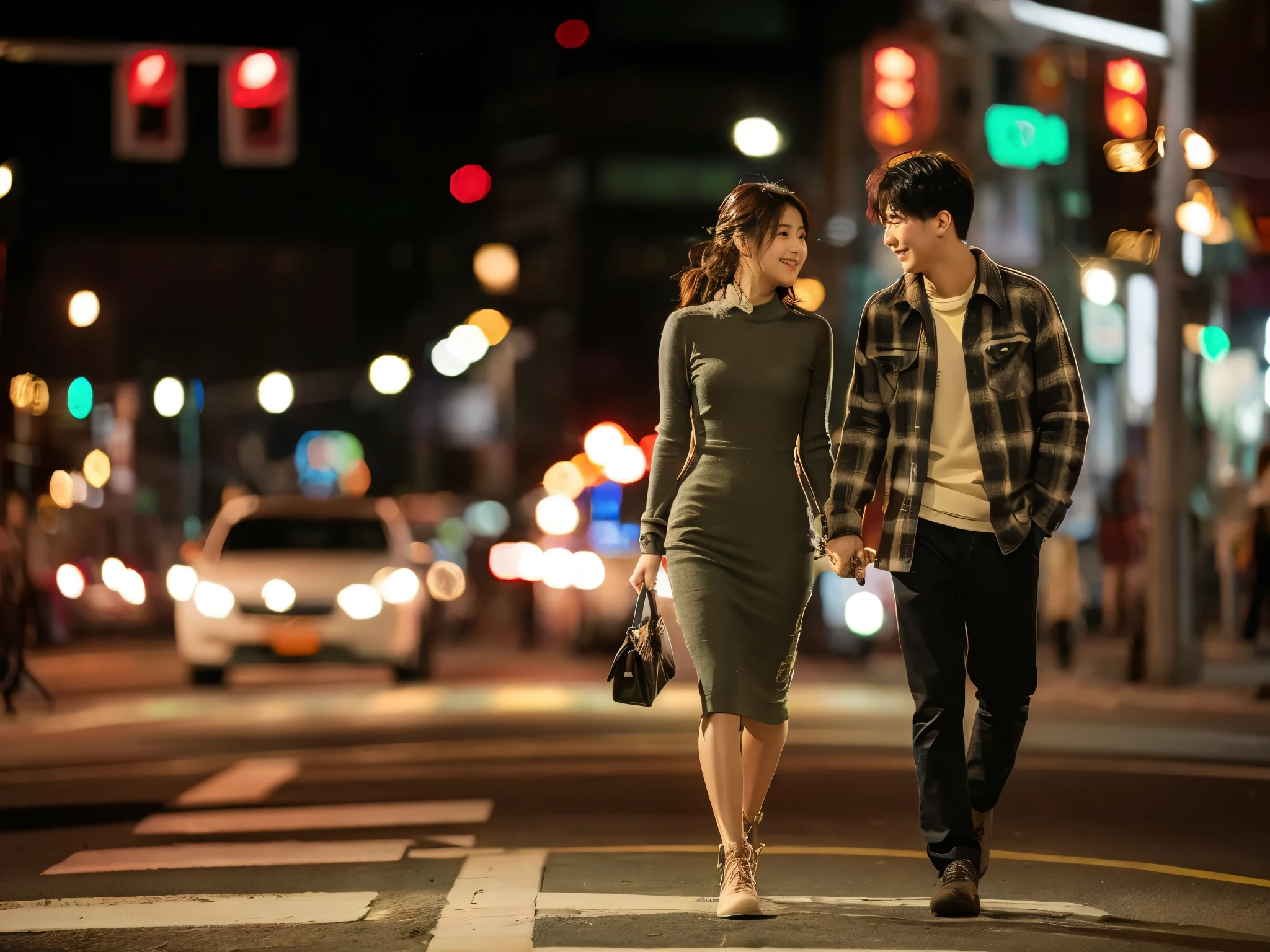 A striking, ultra-detailed image of a young Korean couple strolling hand-in-hand on a bustling night street. The man is dressed in a cozy flannel shirt,
while the woman is clad in a stylish, form-fitting dress. The city lights and traffic signals illuminate their surroundings, casting a warm, inviting glow. The couple's expressions convey a deep connection and passion, as they share a tender moment in the vibrant urban setting.
